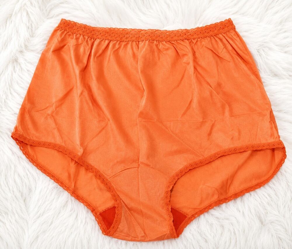 Carole Silky Nylon Full Cut Brief Panty Wide Gusset Lace Trim Amber Orange 12